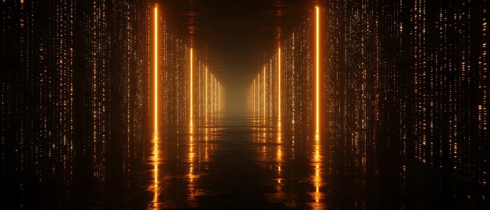 Ein dunkler Korridor, dessen Wände aus leuchtenden Zeichenreihen bestehen, mit senkrechten Lichtlinien, die auf einen Fluchtpunkt in der Tiefe zulaufen.